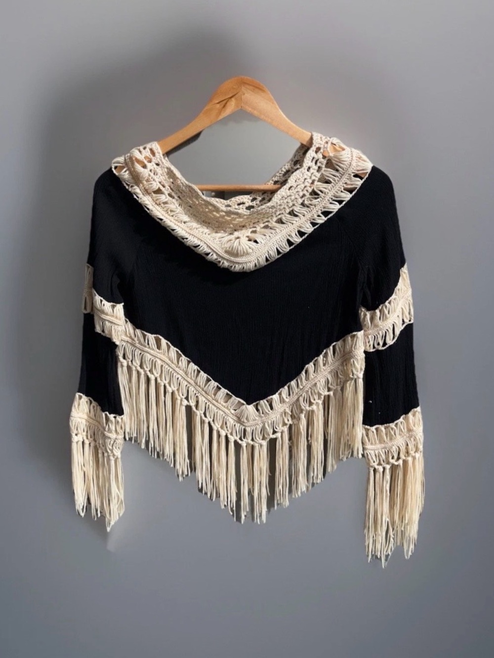 Vintage Havana Womens Black/cream Fringe Top Boho Retro Festival Shirt Macrame